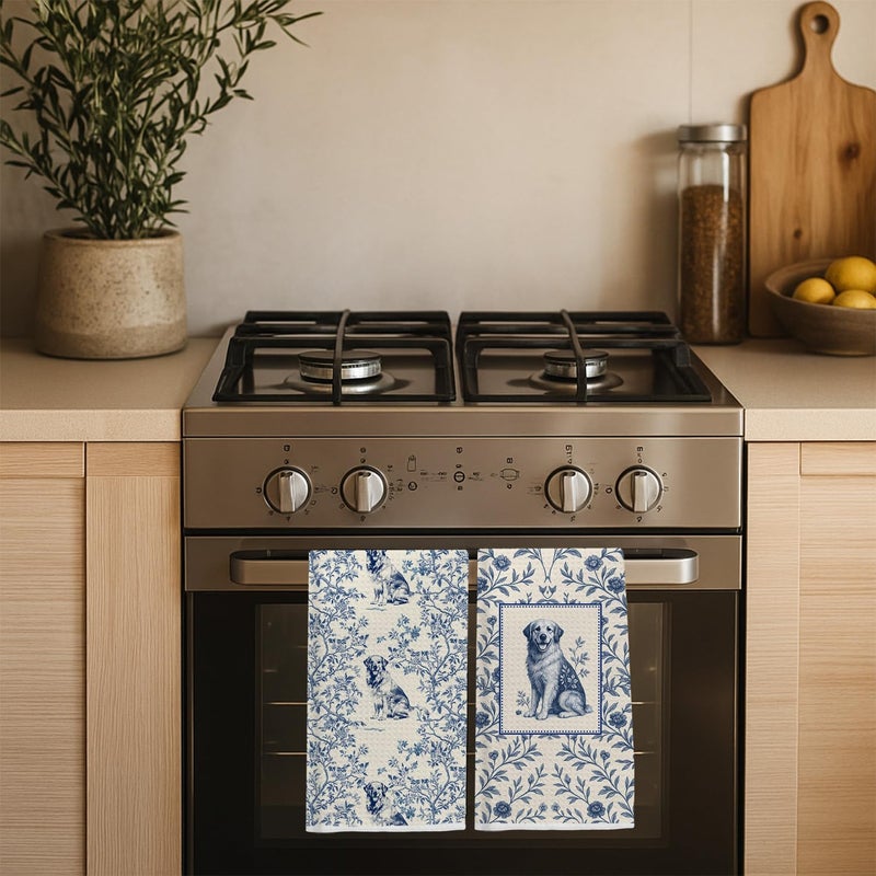 EKGJW Blue Chinoiserie Golden Retriever Kitchen Towels, Gifts for Golden Retriever Lovers Dish Tea Towels for Kitchen, Vintage French Toile Dog Decorative Hand Towel for Bathroom, 16x24 Inch Set of 2 - Image 4